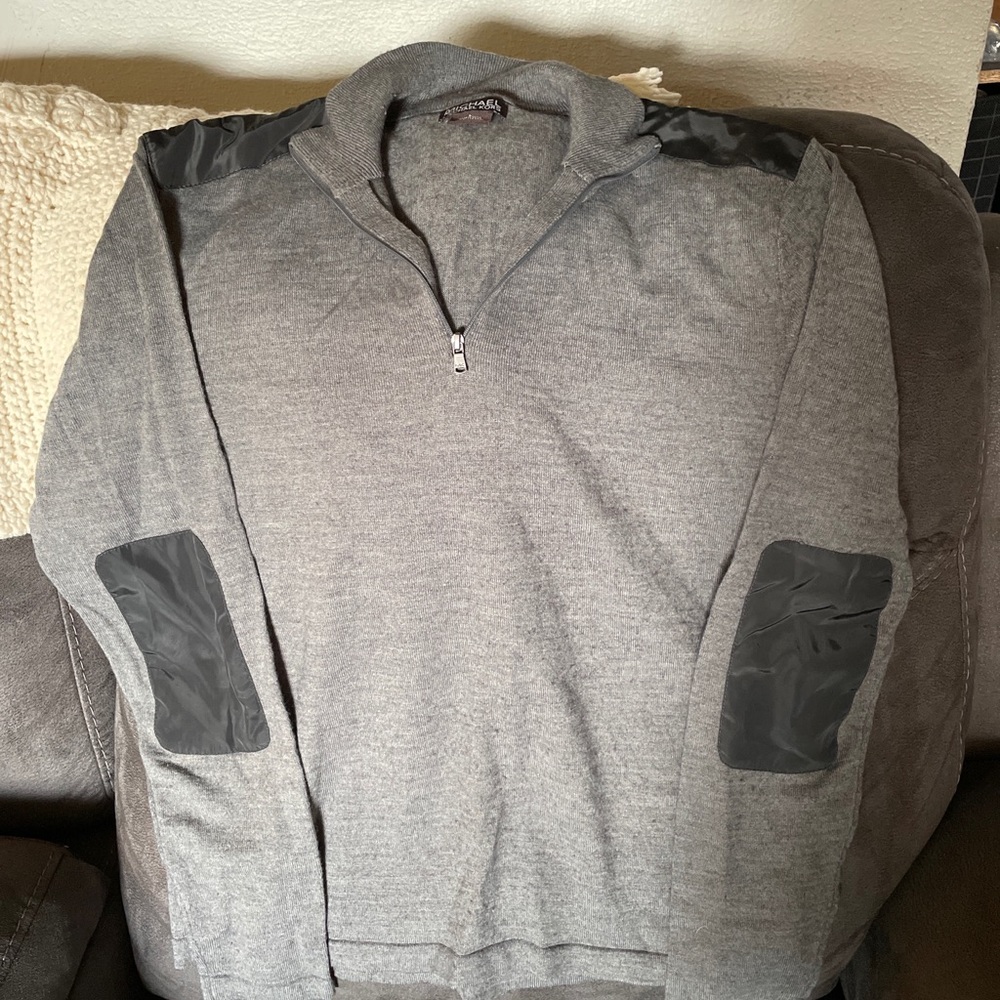 Michael Kors Light Grey Pullover 1/4 Zip Wool Sweater w/ Elbow embellishments